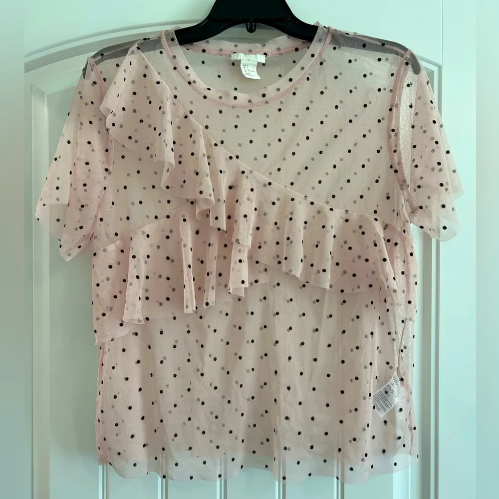 H&M Light Pink Sheer Ruffle Polka Dot Shirt Women’s Size L Top - Picture 2 of 6